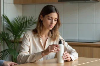 Femme examinant un flacon de shampoing avec curiosite