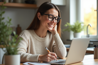 Femme souriante faisant du shopping beauté à la maison