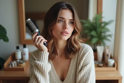 Femme coiffant ses cheveux dans un miroir moderne
