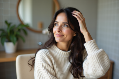 Femme en soin capillaire dans un intérieur serein