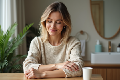 Femme examinant sa peau avec soin dans une salle de bain naturelle