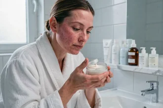 Femme appliquant une crème apaisante pour la rosacée sur ses joues rouges devant un miroir de salle de bain