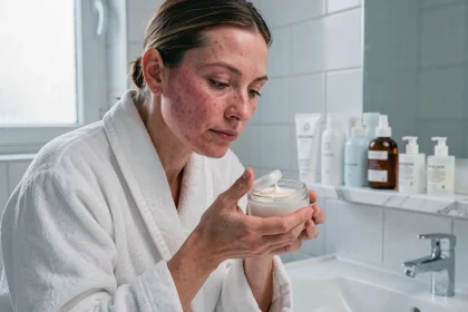 Femme appliquant une crème apaisante pour la rosacée sur ses joues rouges devant un miroir de salle de bain