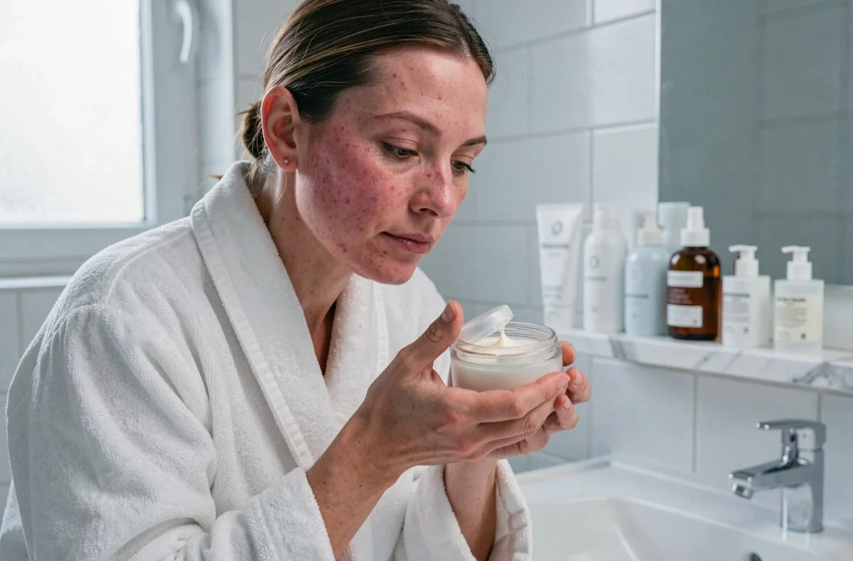 Femme appliquant une crème apaisante pour la rosacée sur ses joues rouges devant un miroir de salle de bain