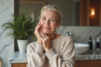 Femme appliquant cr&egrave;me anti&acirc;ge dans salle de bain &eacute;l&eacute;gante