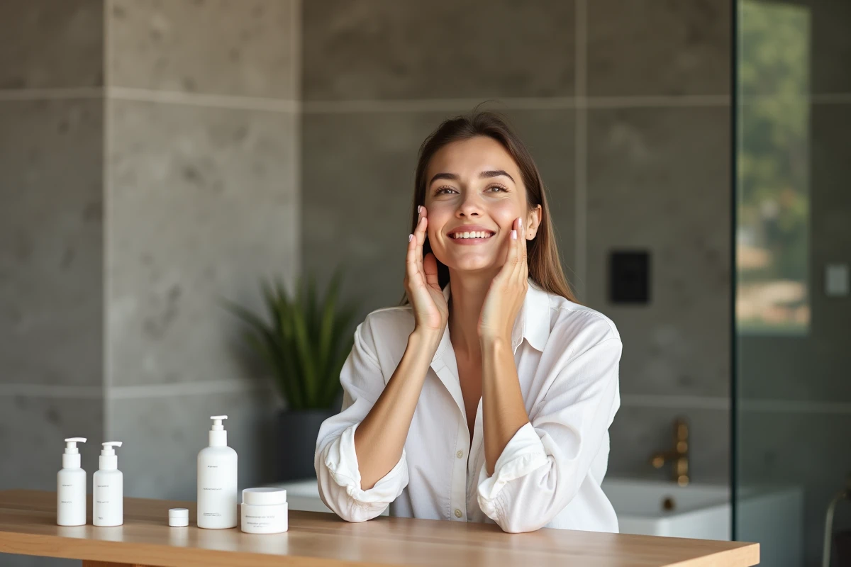 Femme appliquant soin visage dans salle de bain moderne