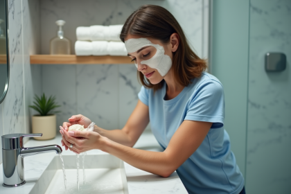 Femme appliquant un masque facial dans sa salle de bain
