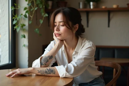 Femme regardant son tatouage floral sur le bras