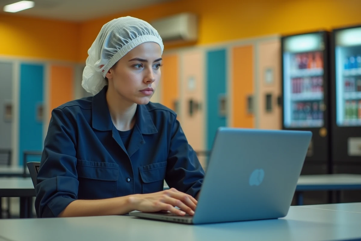 Jeune femme en uniforme tente de résoudre un problème de connexion