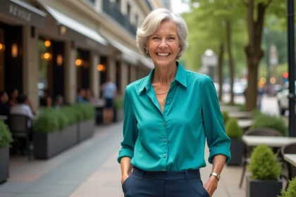 Femme souriante en ville portant une blouse teal