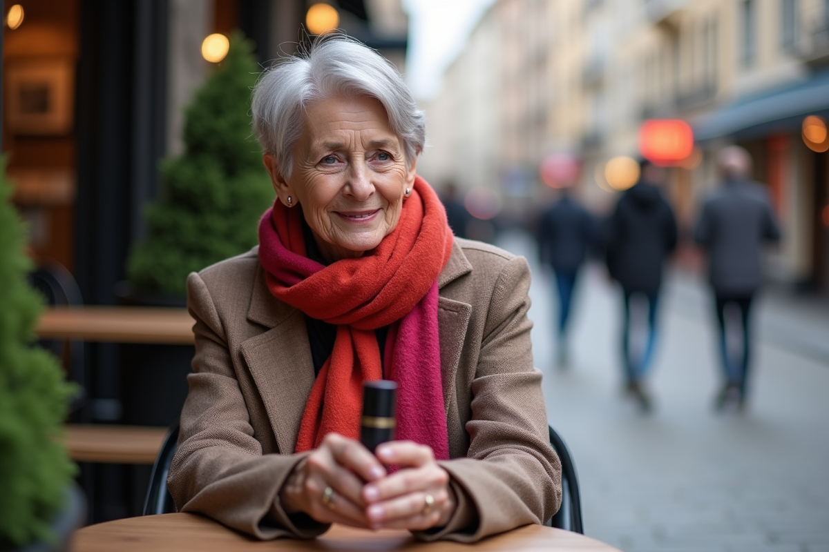 Femme élégante de 70 ans dans un café en ville