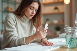 Femme examinant ses ongles dans un salon moderne