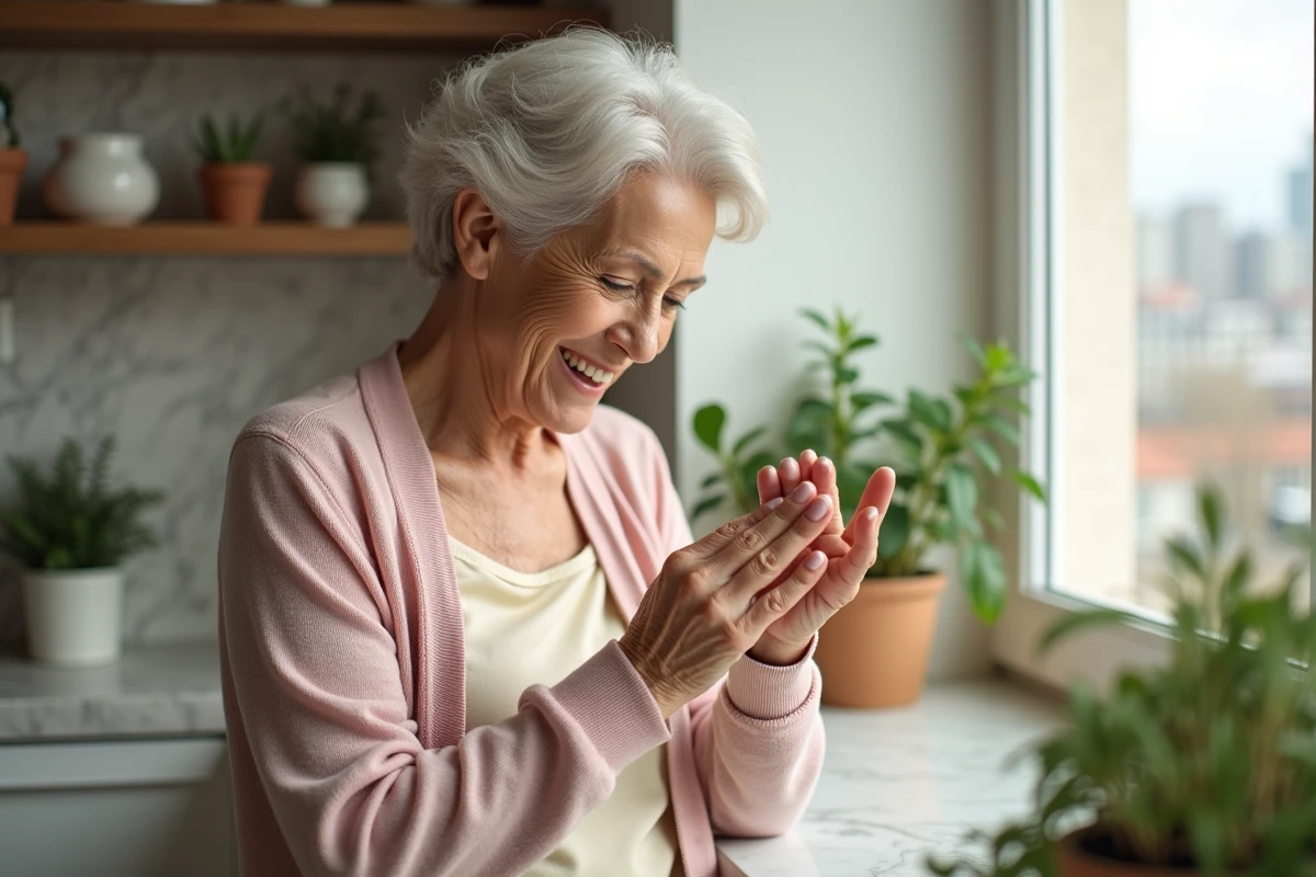 Femme plus âgée admire sa French manucure