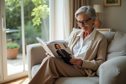 Femme de 70 ans lisant un magazine dans un salon lumineux