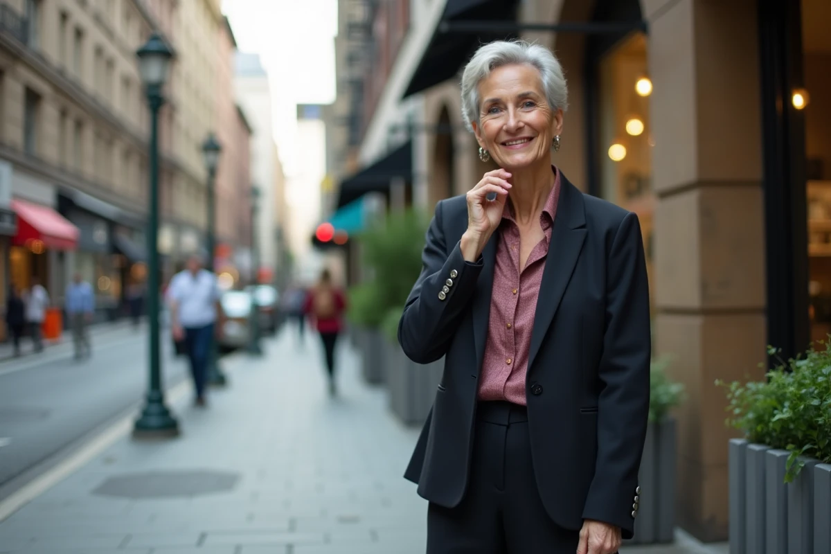 Femme confiante en ville avec blazer et coupe courte