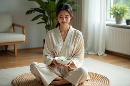 Femme sereine en robe beige dans un salon minimaliste