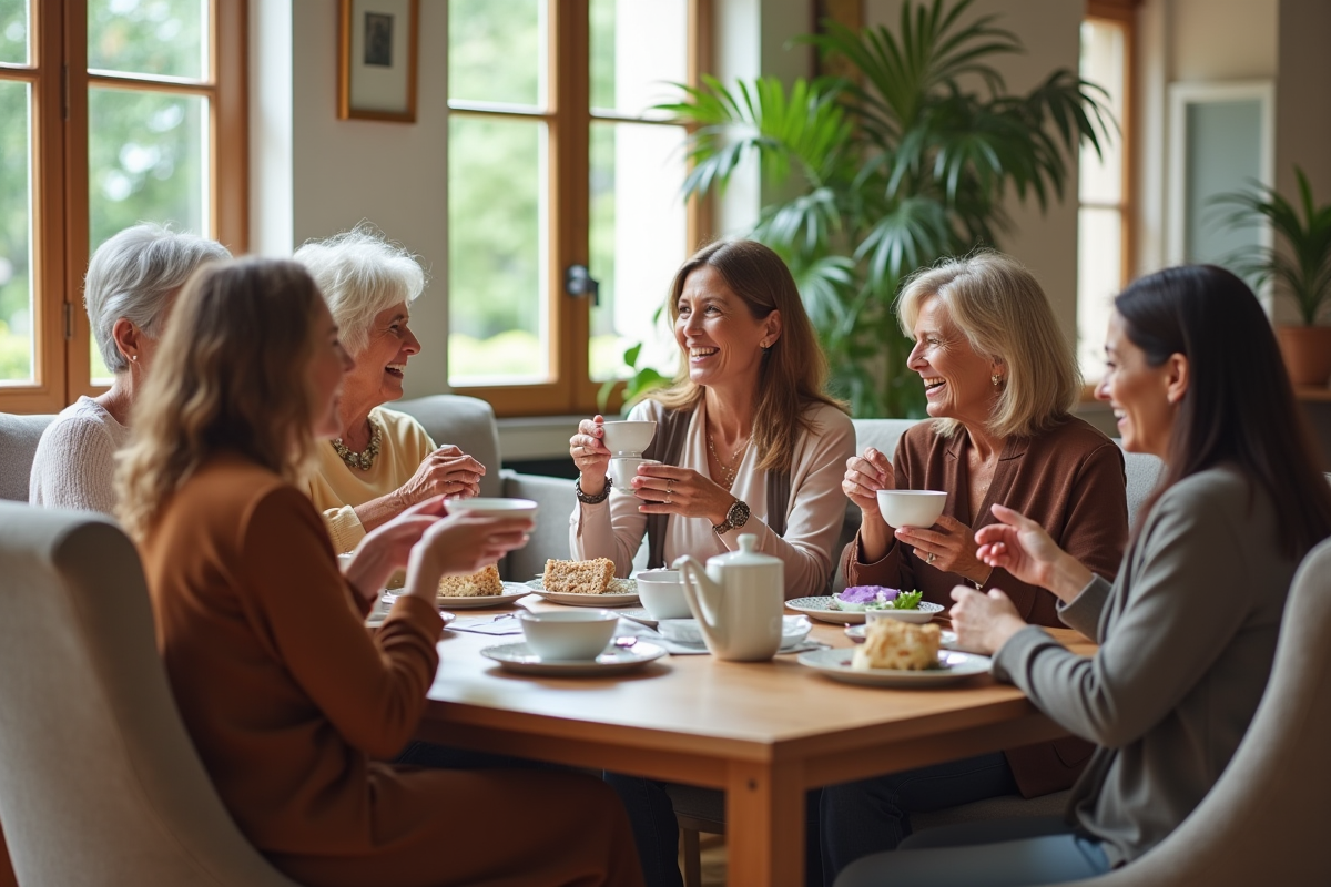 Groupe de femmes souriantes autour d un thé dans un salon