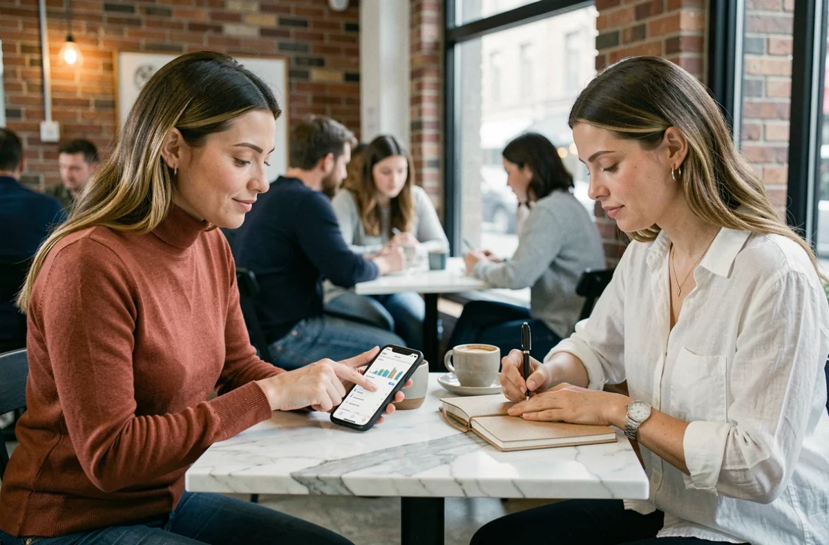 Deux jeunes femmes discutant de bonnes habitudes financières autour d'un café avec un smartphone et un journal de budget