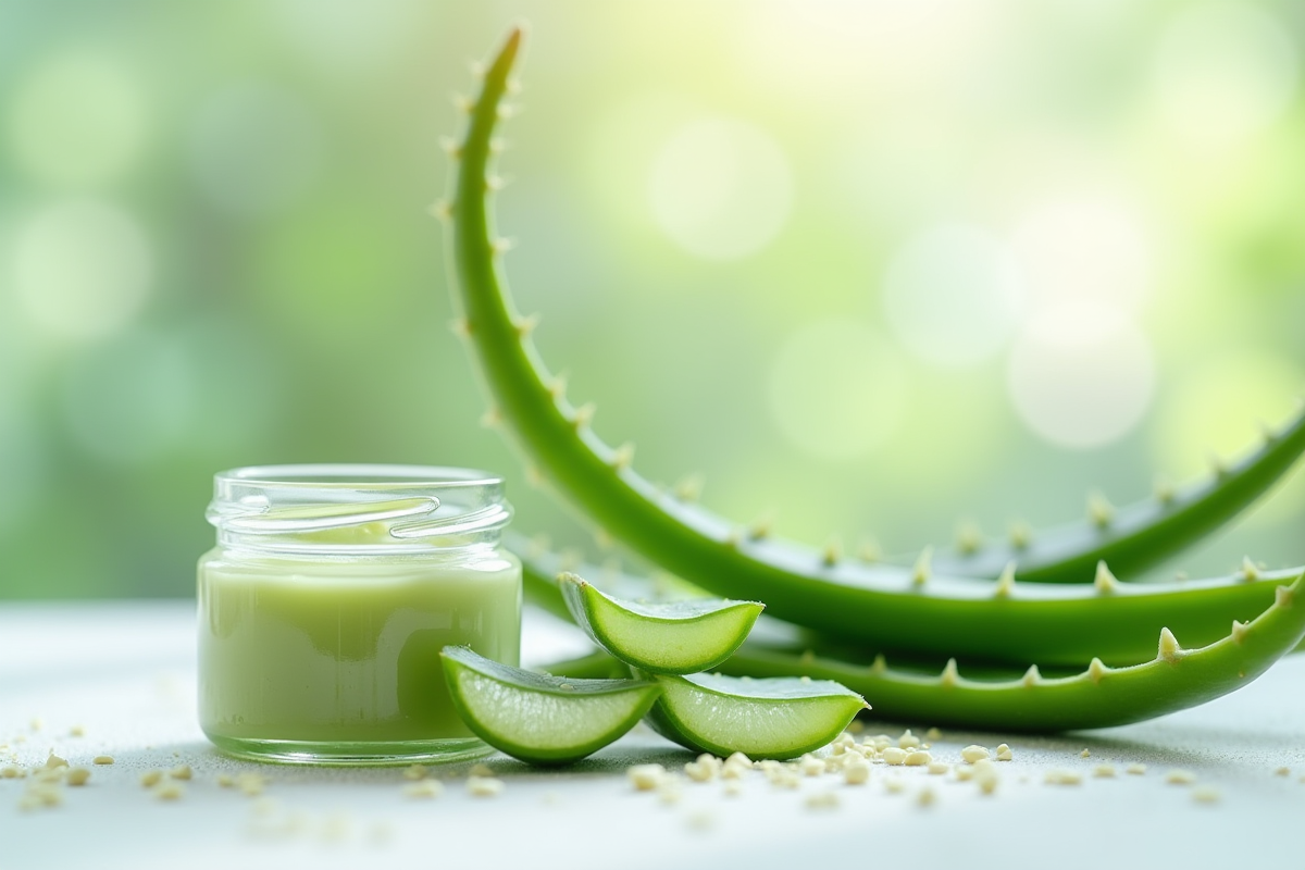 Feuilles d aloe vera et masque facial maison sur une table blanche