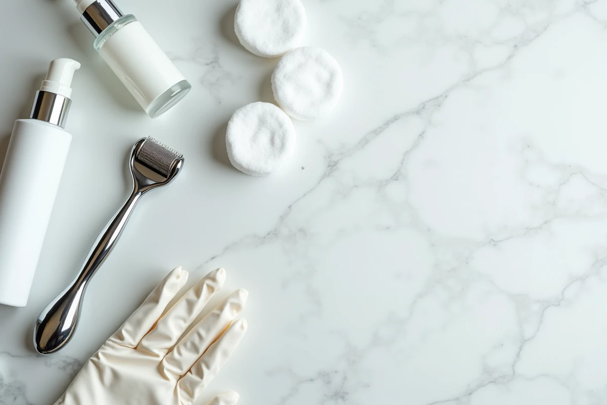Flatlay d'un dermaroller et de produits de soin associés sur marbre blanc pour un rituel de microneedling