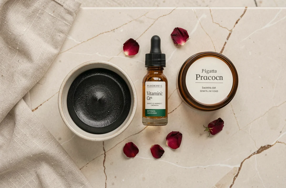 Pose à plat de savon noir, sérum acide et crème rétinol sur marbre, produits de soin visage naturels