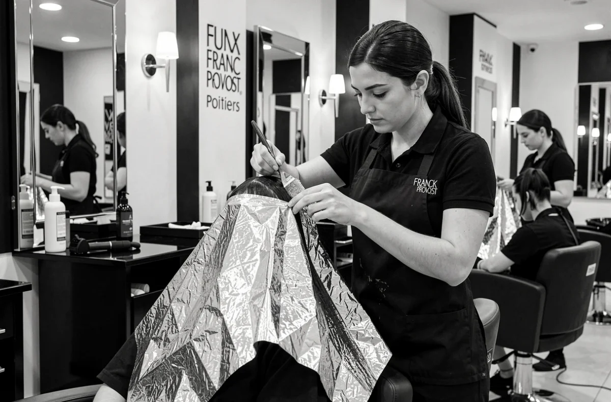 Styliste du salon Franck Provost à Poitiers réalisant des mèches sur une cliente avec des feuilles d'aluminium