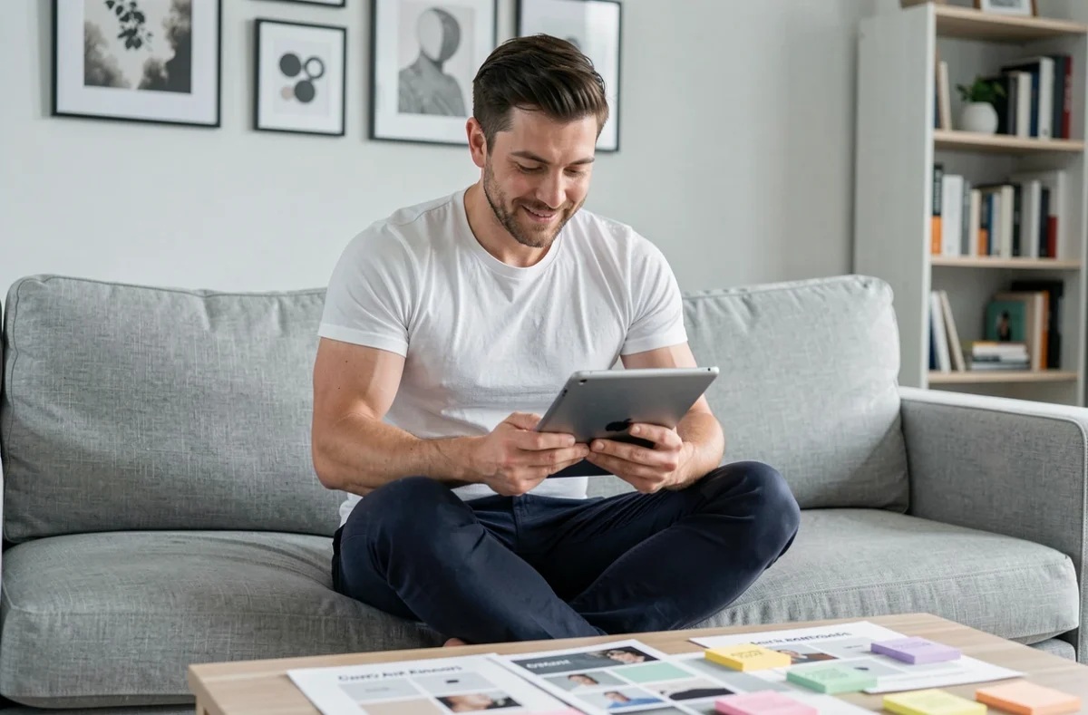 Jeune freelance masculin consultant la mise en page de son blog personnel sur une tablette dans un appartement au design épuré et minimaliste