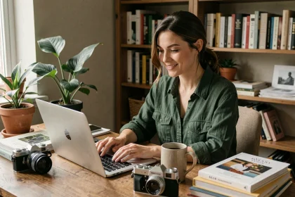 Freelance créative travaillant sur son blog depuis un bureau en bois chaleureux entouré de plantes et d'objets qui reflètent son univers personnel
