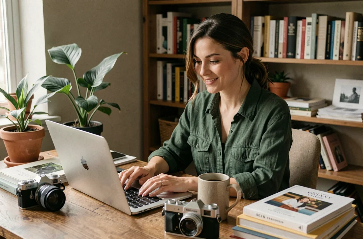 Freelance créative travaillant sur son blog depuis un bureau en bois chaleureux entouré de plantes et d'objets qui reflètent son univers personnel