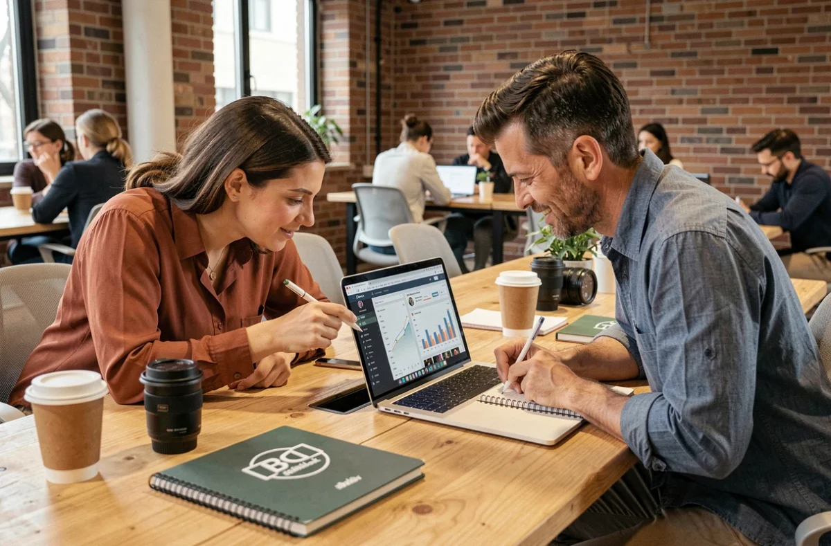 Deux freelances collaborant autour d'un ordinateur portable dans un espace de coworking moderne pour analyser les performances de leur blog et affiner leur stratégie de contenu