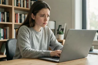 Jeune femme inquiète devant son ordinateur portable, illustrant les conséquences d'une fuite de contenus privés sur internet