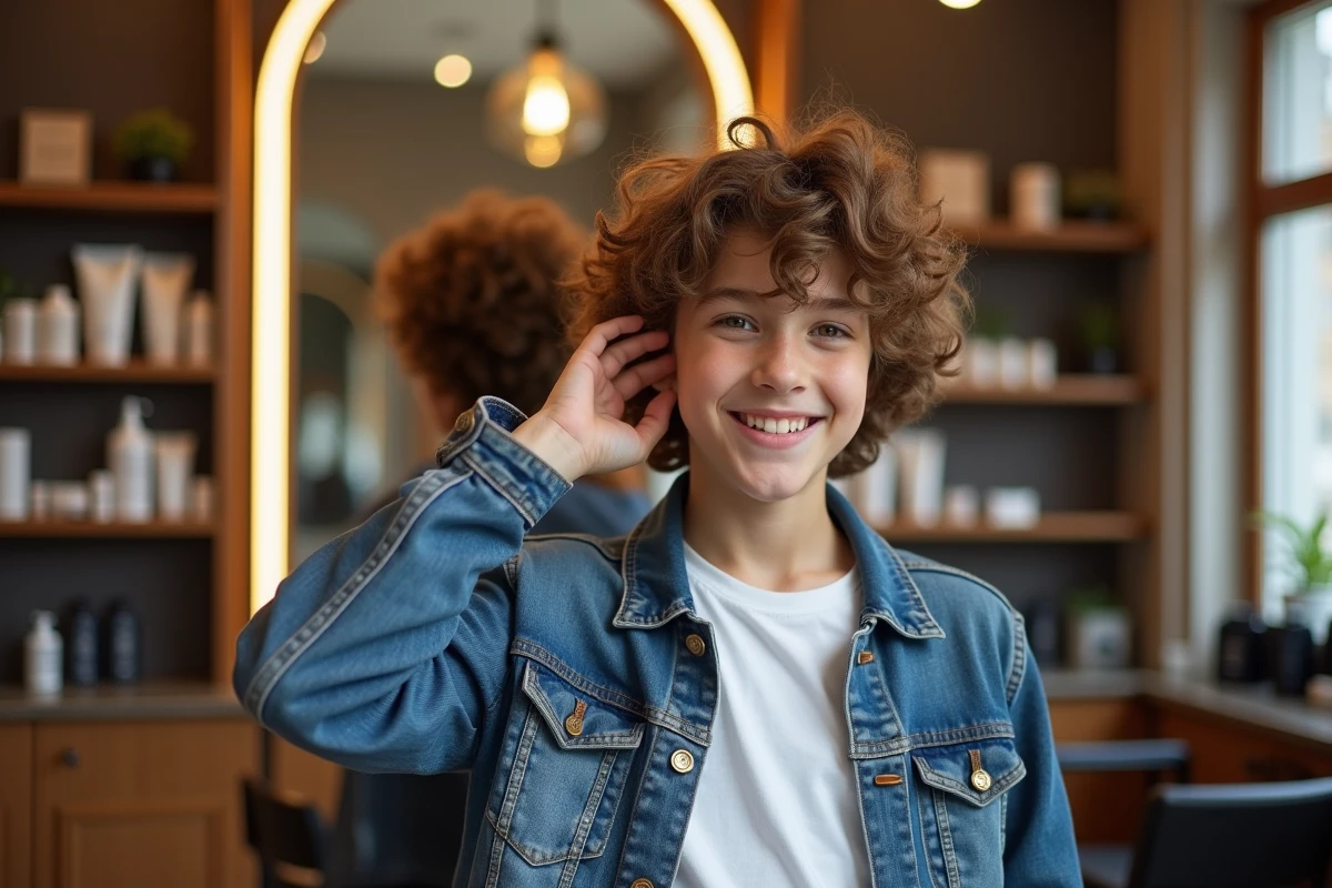 Garçon aux boucles admirant sa coiffure dans un salon chic