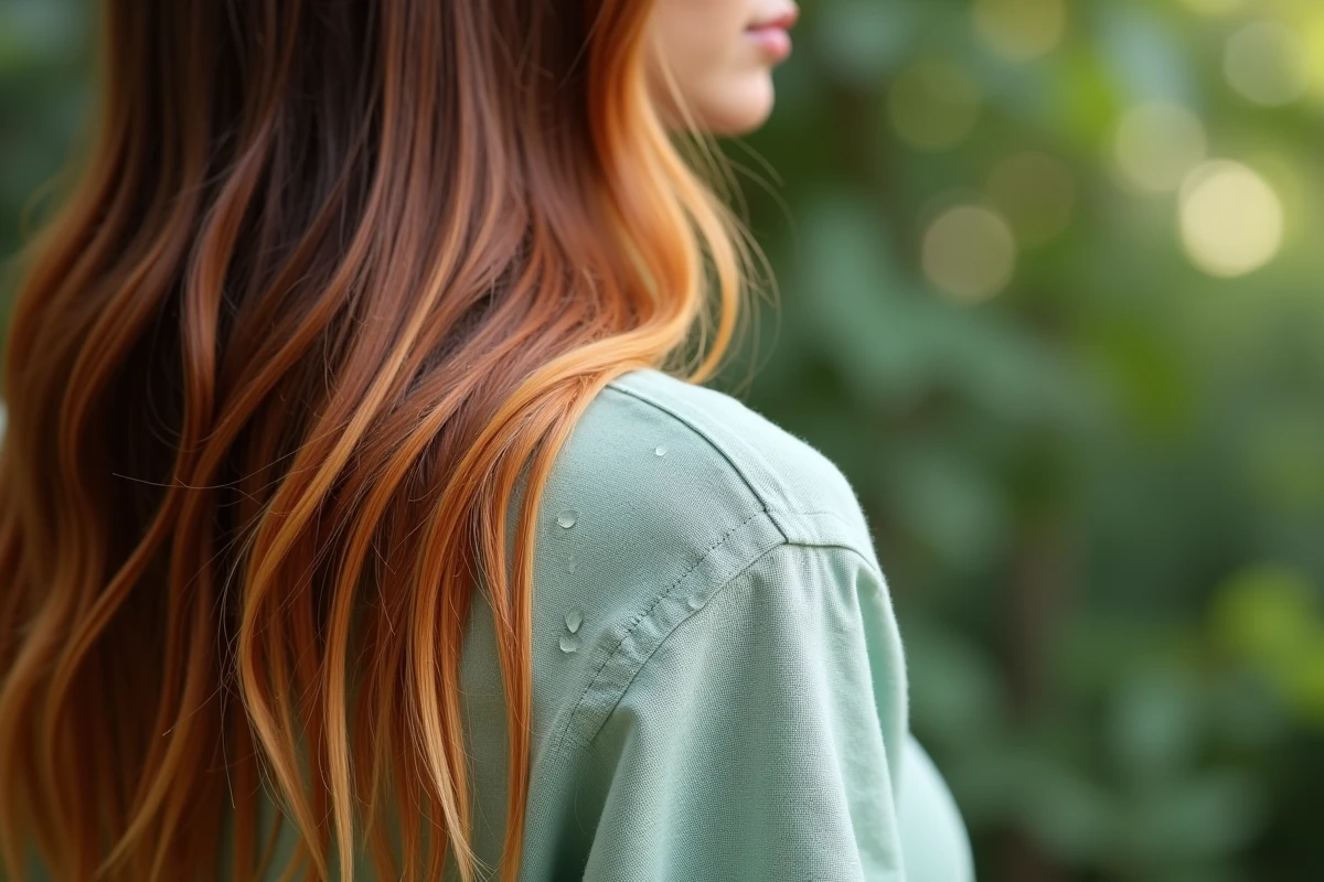 Gros plan sur des cheveux colorés présentant une décoloration orangée typique de l'effet bétadine