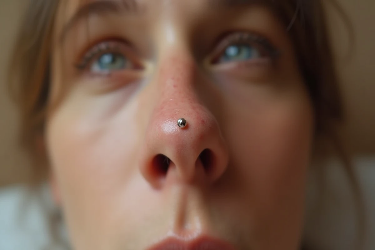 Gros plan sur un piercing au nez présentant des signes de rougeur et d'irritation cutanée évoquant un début de rejet