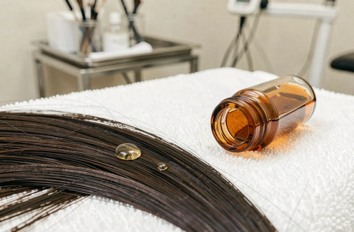 Gros plan sur mèche de cheveux avec sérum capillaire et formule kératine lissage brésilien, détail texture et compatibilité des soins
