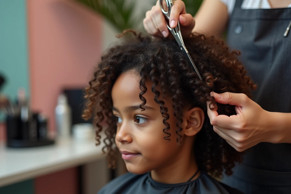 Gros plan sur la technique de coupe en effilé sur cheveux bouclés épais en salon, ciseaux professionnels