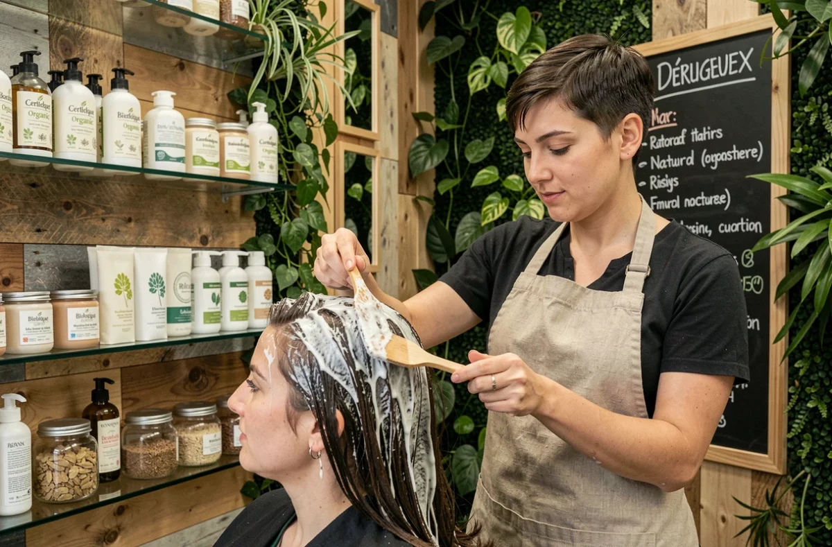 Coiffeuse du salon Hair Punch Concept Bio à Périgueux appliquant un masque biologique sur les cheveux d'une cliente dans un cadre éco-responsable