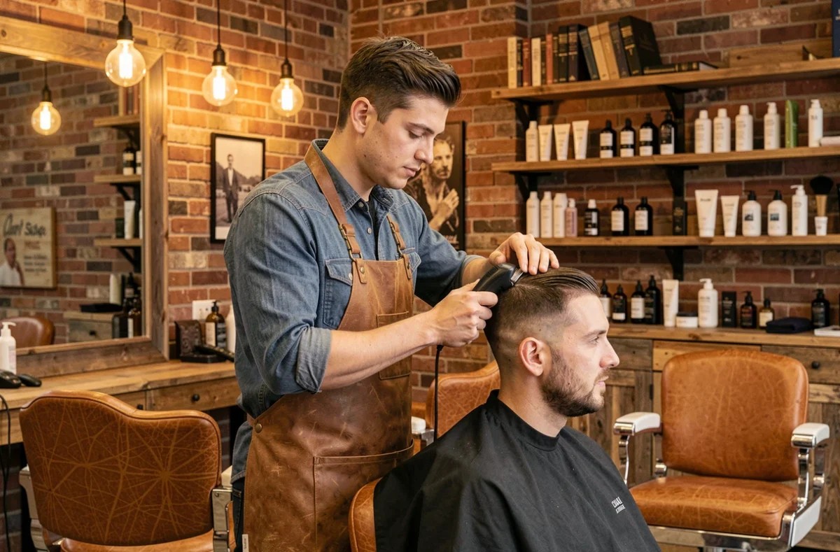 Barbier réalisant un dégradé précis pour un client au salon Harry le Coiffeur à Caen