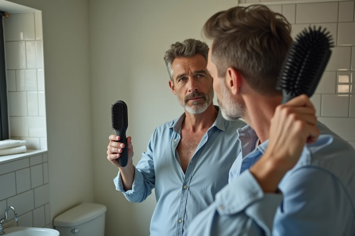 Homme utilisant une brosse volumisante dans sa salle de bain