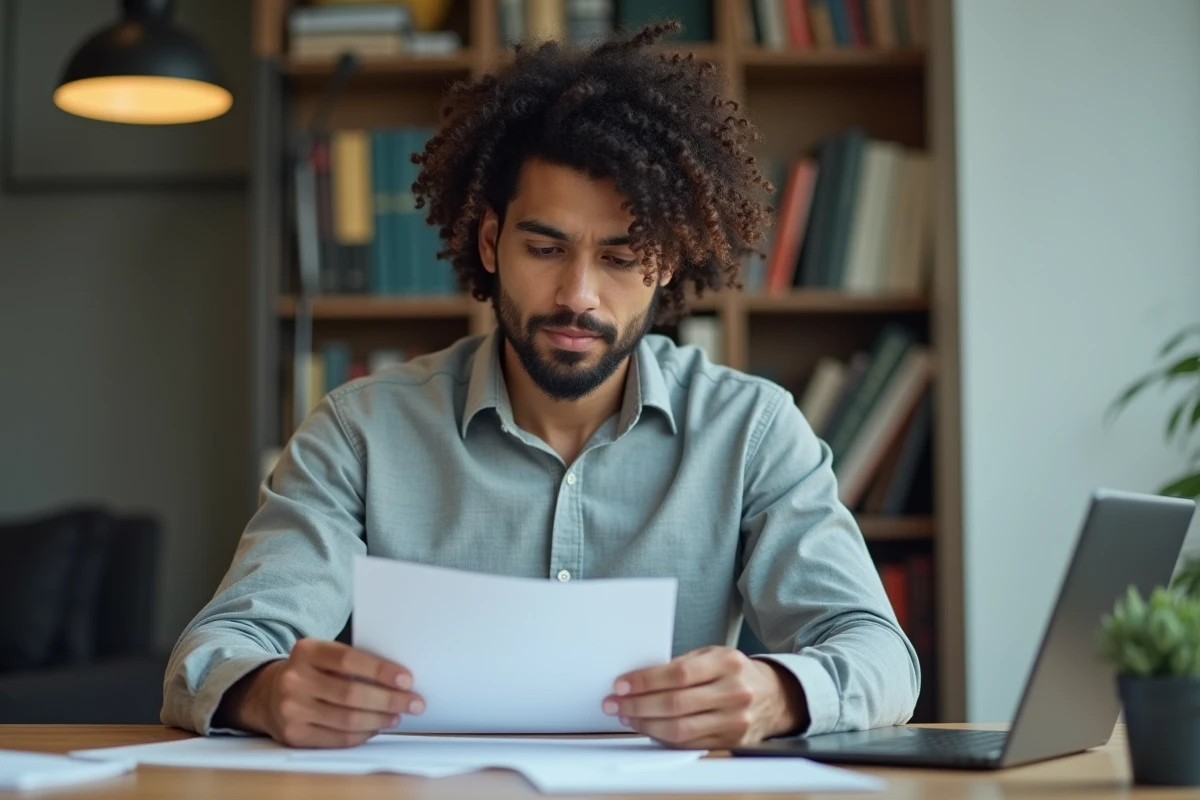 Homme aux boucles naturelles coiffées avec une raie latérale assis à un bureau de travail en chemise grise, look professionnel et soigné
