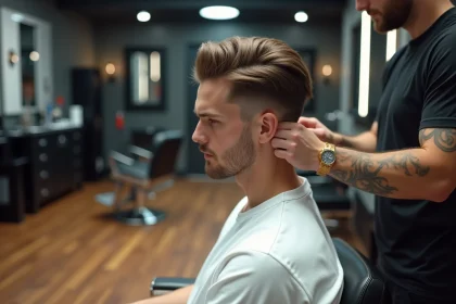 Jeune homme coiff&eacute; d'un taper fade pr&eacute;cis en salon moderne