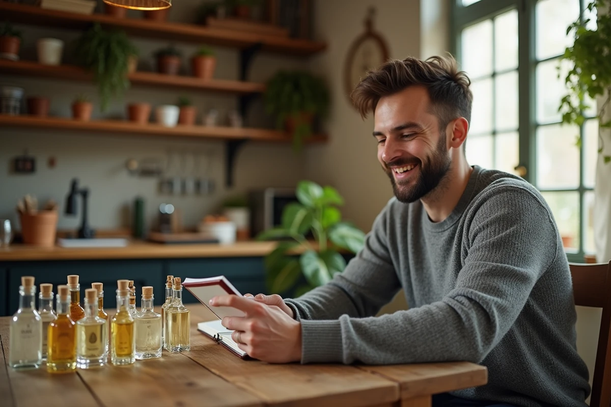 Homme lisant un carnet avec sa collection de parfums