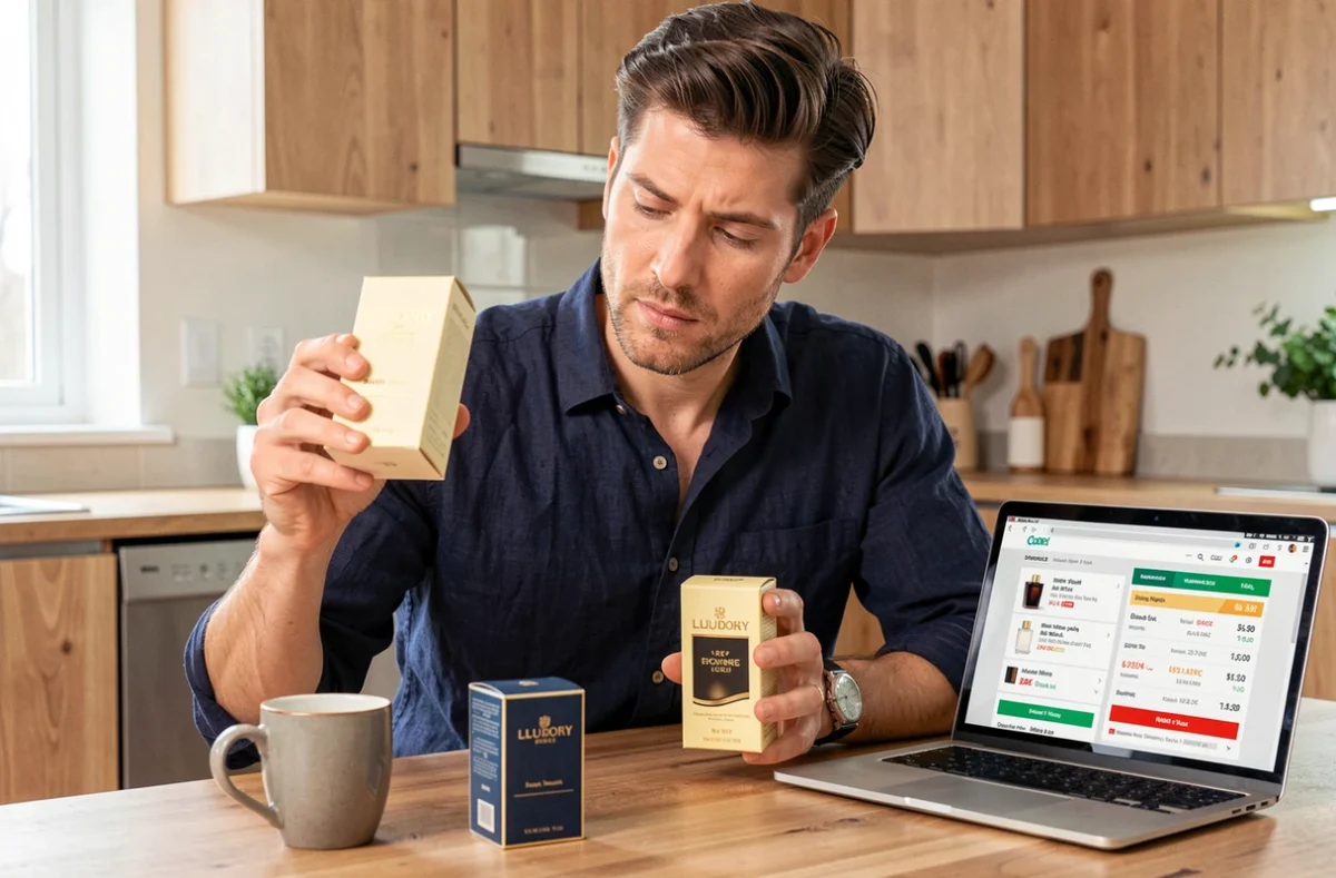 Homme comparant des parfums de luxe Primor reçus en livraison en France, assis dans une cuisine moderne