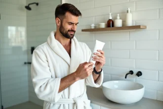 Homme lisant attentivement les instructions d'une crème dépilatoire dans une salle de bain moderne