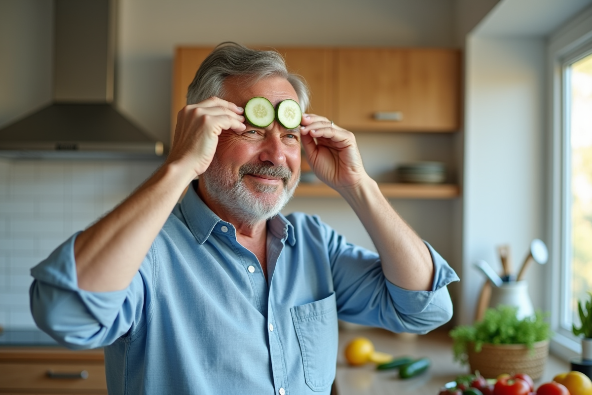 Homme appliquant des tranches de concombre dans la cuisine