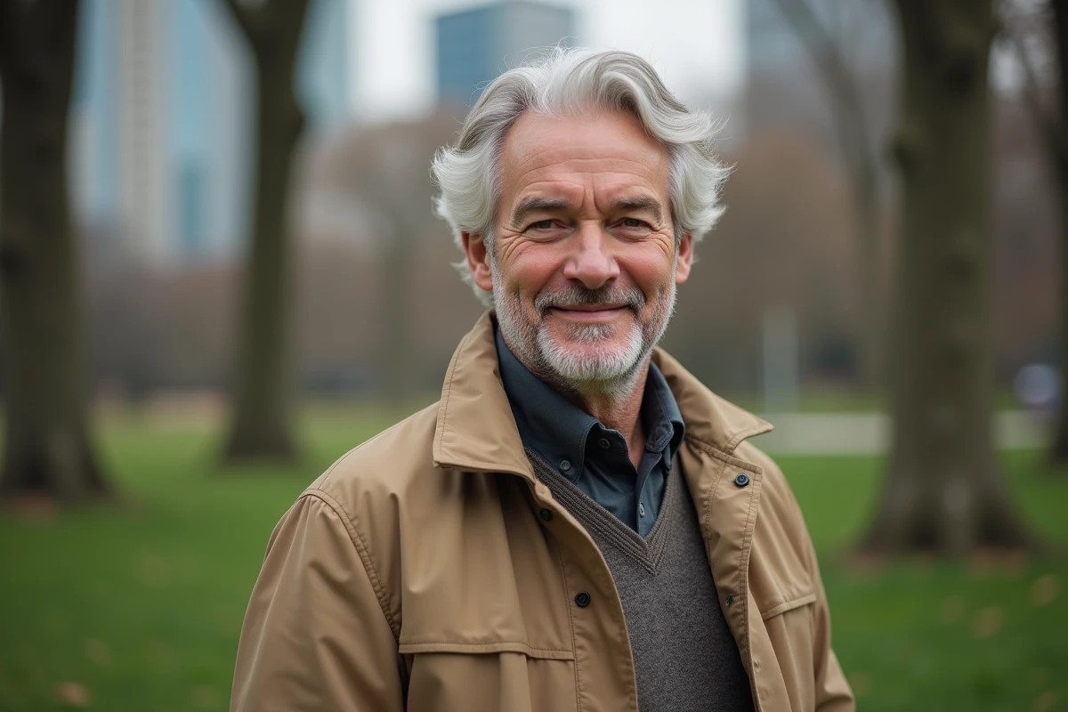 Homme souriant dans un parc urbain en trench