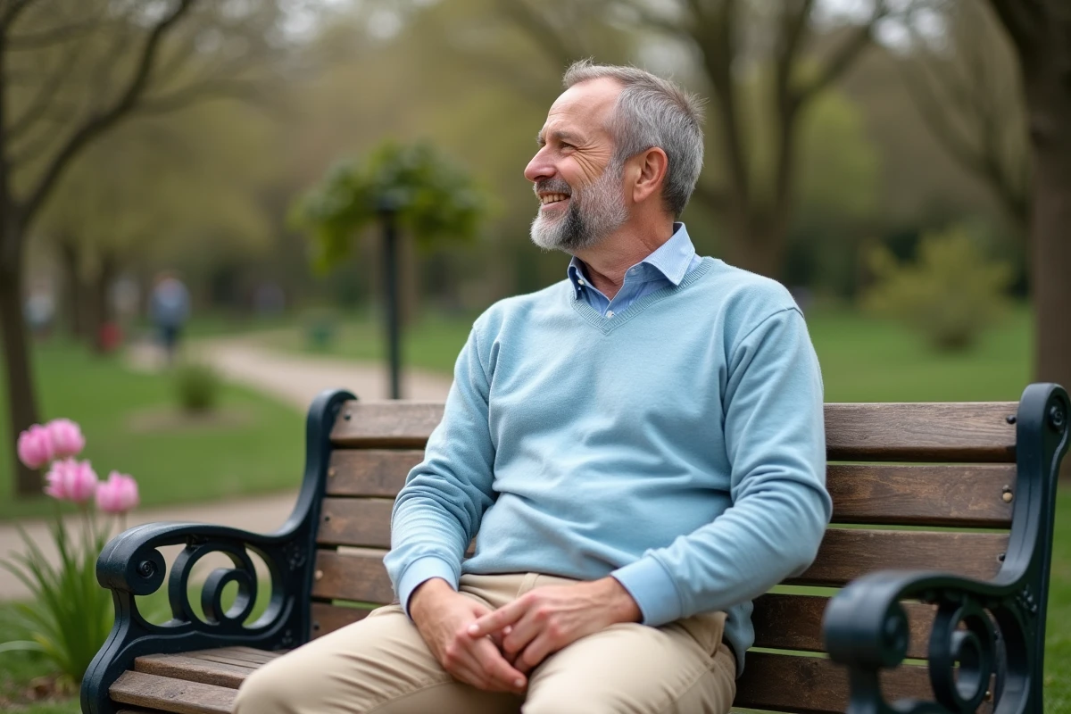 Homme détendu assis dans un parc au printemps