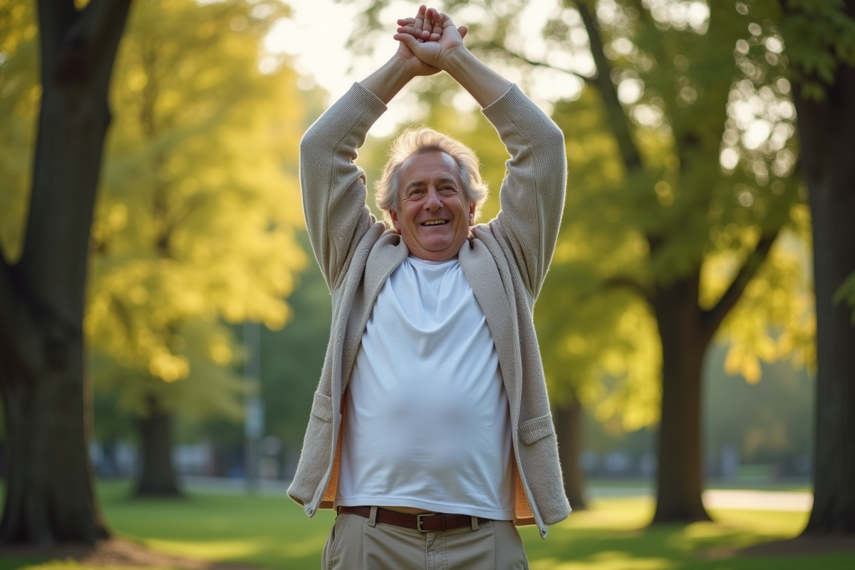 Homme faisant des étirements dans un parc ensoleille