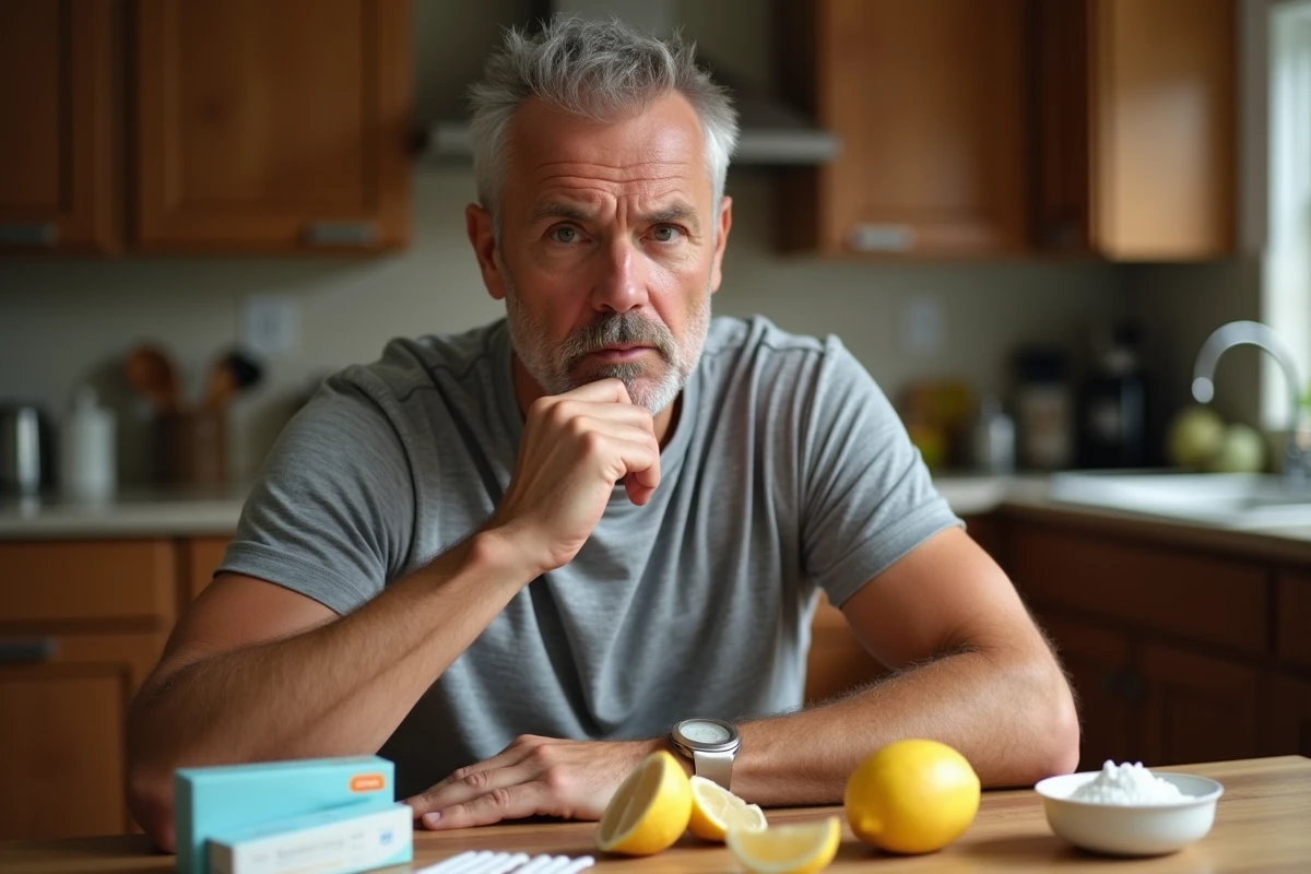 Homme lisant attentivement les étiquettes de produits blanchissants pour les dents à une table de cuisine