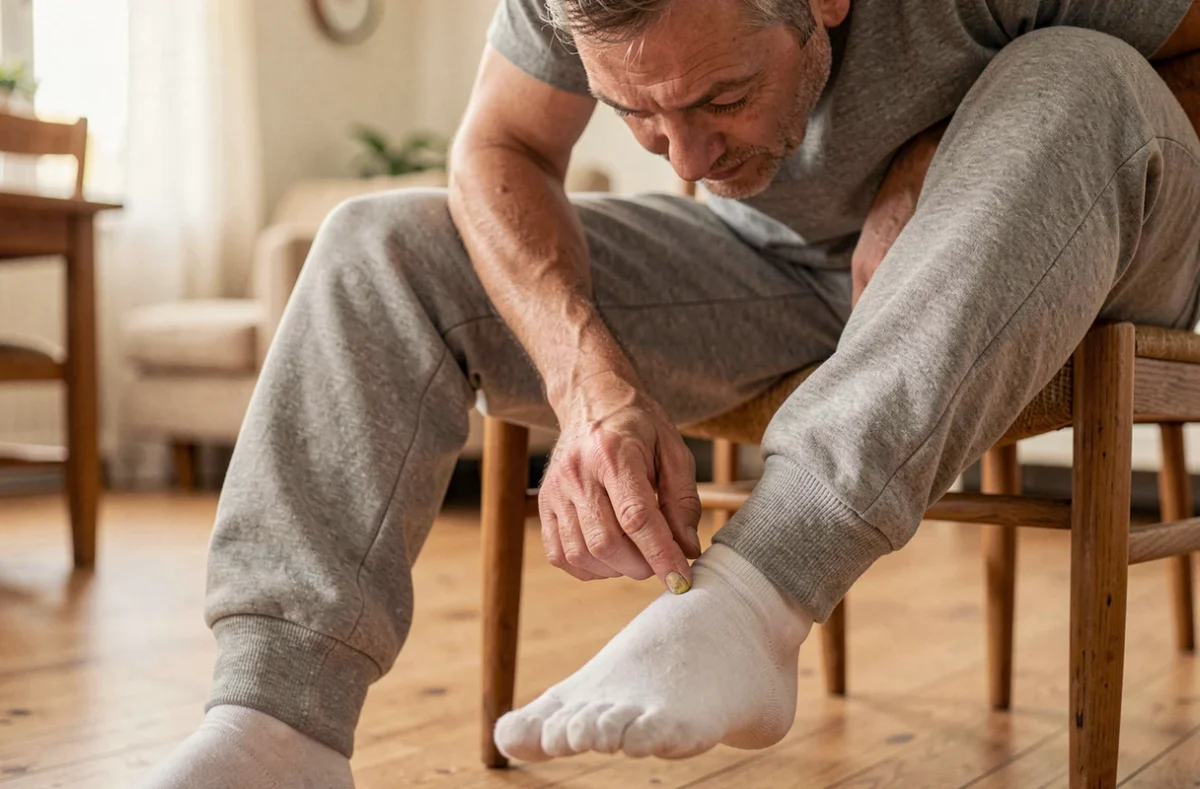 Homme d'âge moyen examinant son ongle de pied épaissi et décoloré, signe précoce d'une infiltration de l'ongle